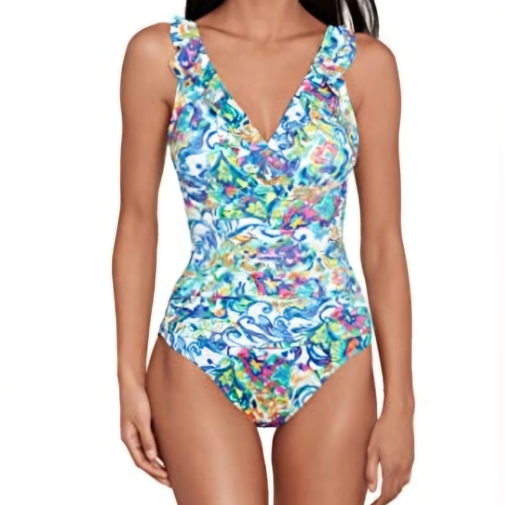 🌞 Lauren Ralph Lauren Ruffle Surplice One-Piece Swimsuit 16, Multi -All
